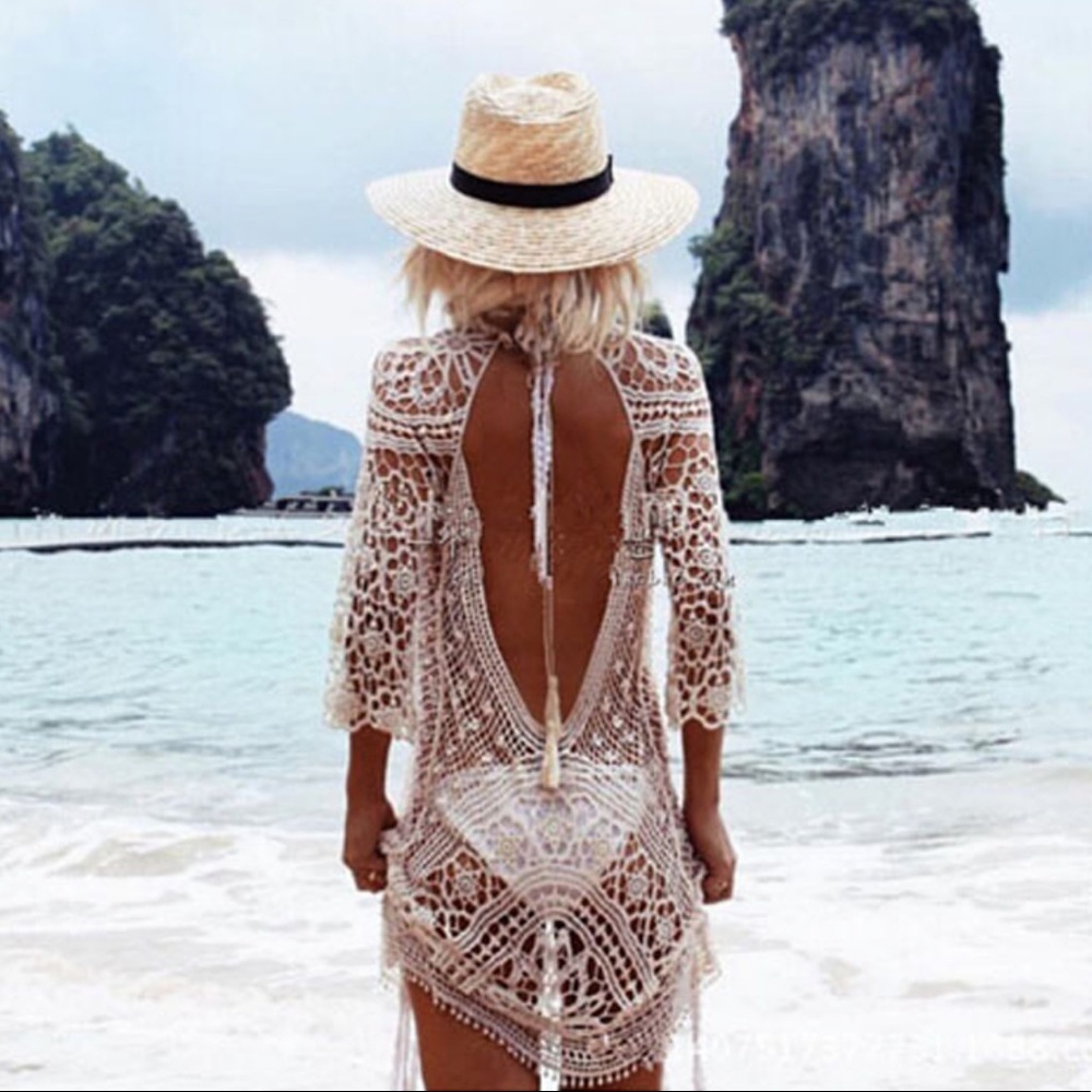 CROCHET SWIM COVERUP BOHO LACE DRESS OPEN BACK - Picture 1 of 9